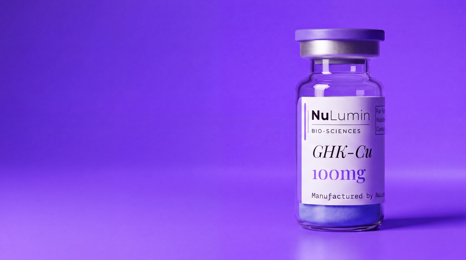 A NuLumin GHK-Cu 100mg vial adrift in a deep violet gradient, its label facing forward