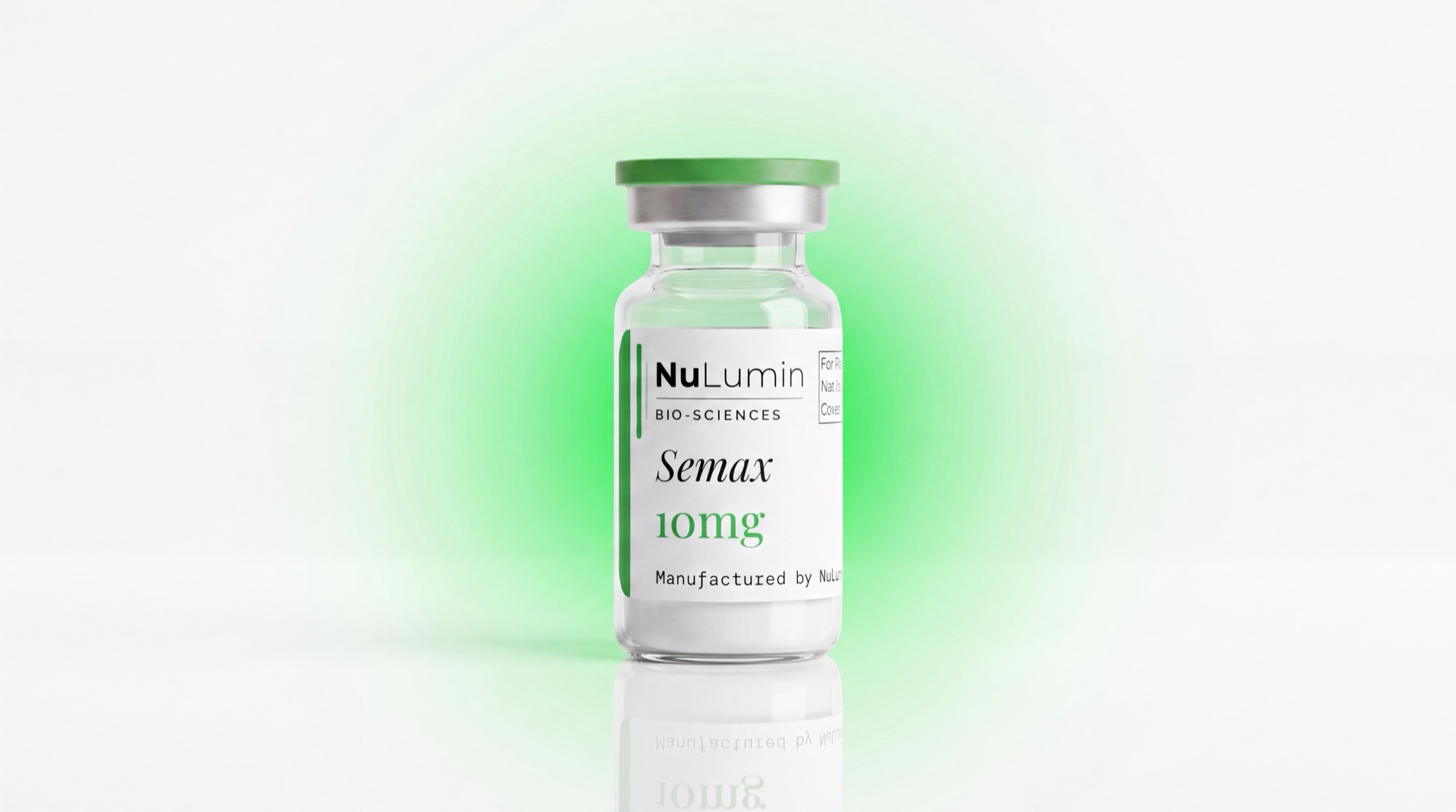 A NuLumin Semax 10mg vial standing on a glossy mirror surface against a soft mint-green field, its reflection below