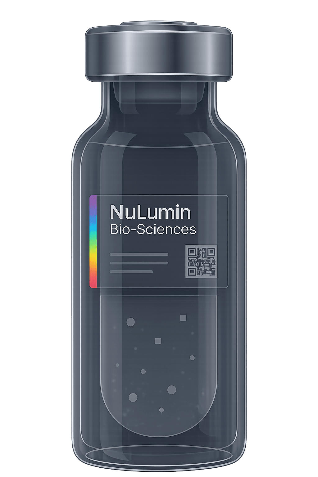 NuLumin vial — lyophilized peptide with COA label, lot tracking, and QR-linked documentation